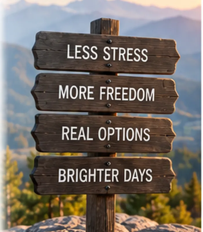 A wooden signpost reading Less Stress, More Freedom, Real Options, Brighter Days