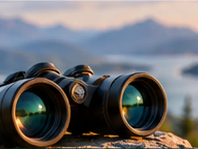 Binoculars on a rock above a mountain lake