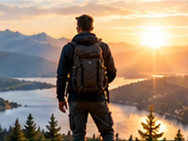 A hiker looking out over a lake at sunrise