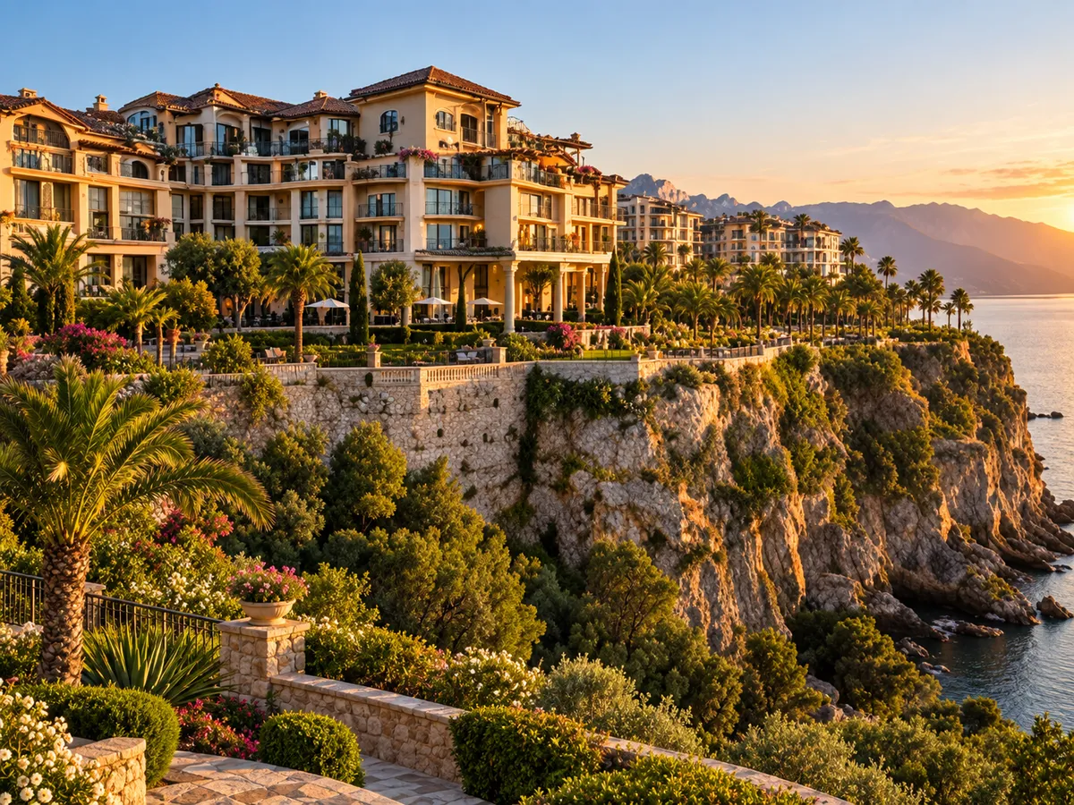 A clifftop resort above a lake at sunset